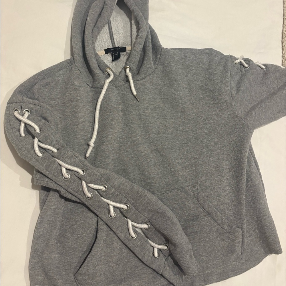 Forever 21 Heather Gray Lace-Up Sleeve Hoodie